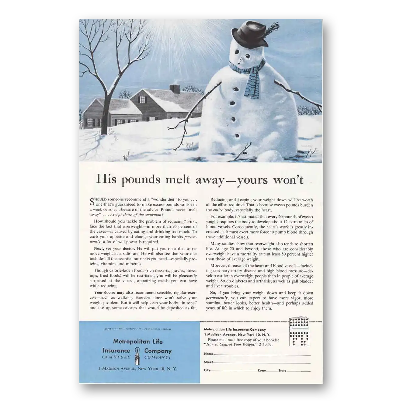 1959 Metropolitan Life Insurance His Pounds Melt Away Vintage Magazine Print Ad