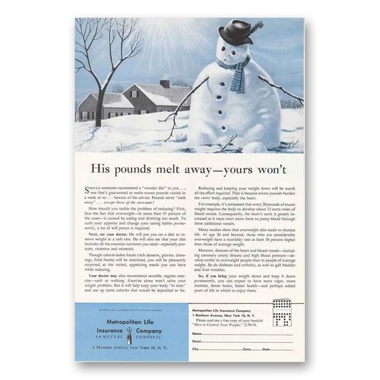 1959 Metropolitan Life Insurance His Pounds Melt Away Vintage Magazine Print Ad