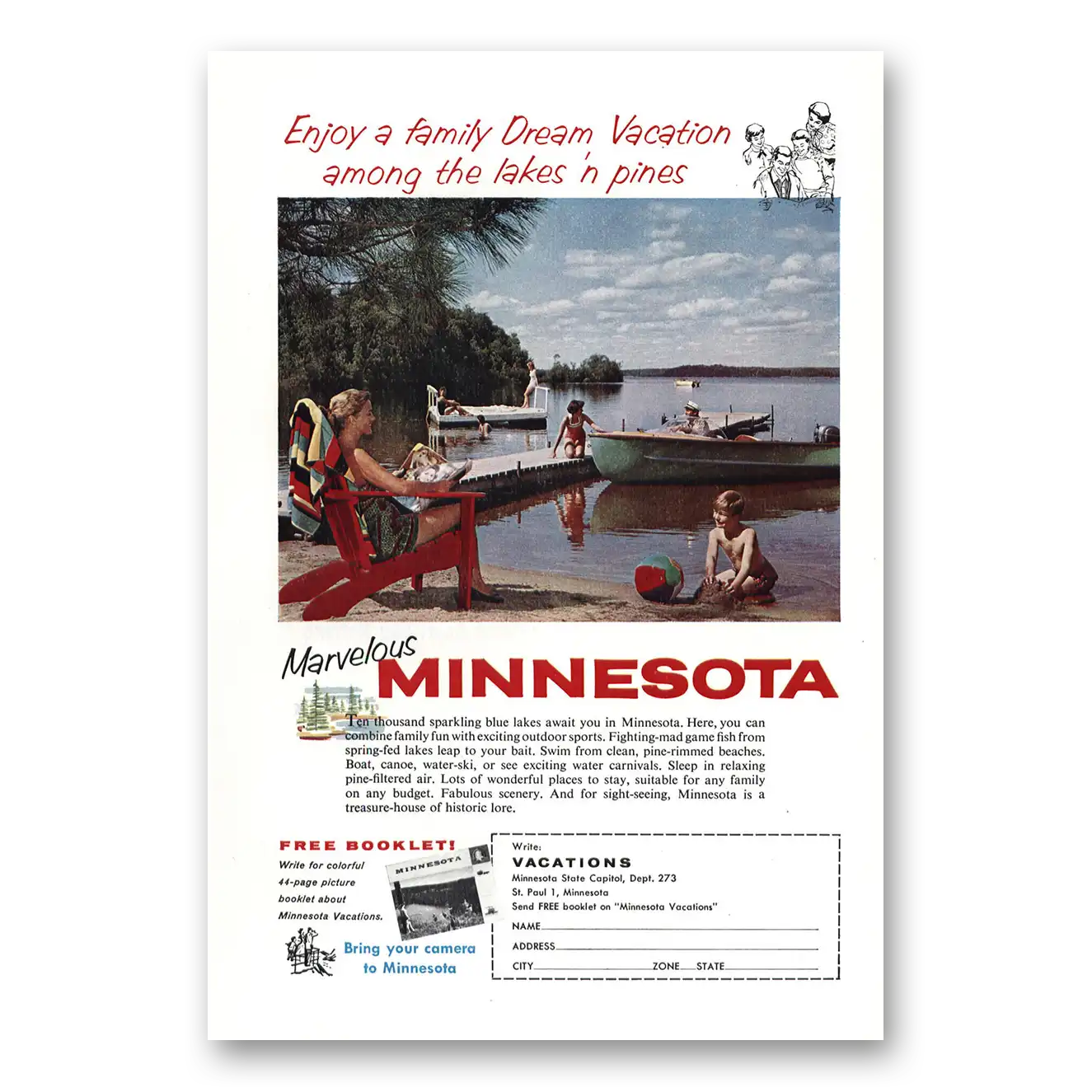 1959 Minnesota Vacation Among the Lakes n Pines Vintage Magazine Print Ad