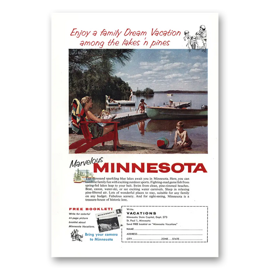 1959 Minnesota Vacation Among the Lakes n Pines Vintage Magazine Print Ad