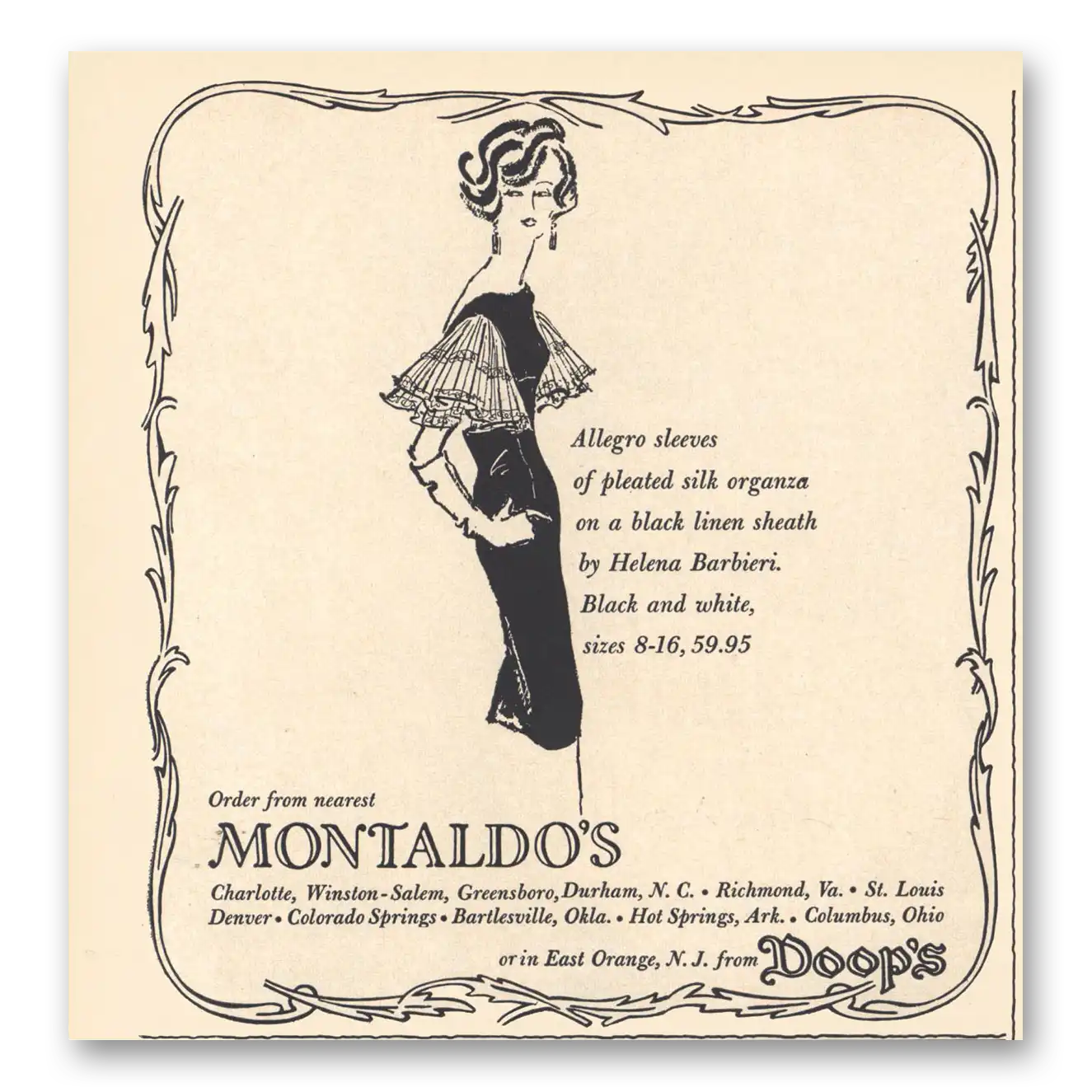 1959 Montaldos Fashion Allegro Sleeves of Pleated Silk Vintage Magazine Print Ad