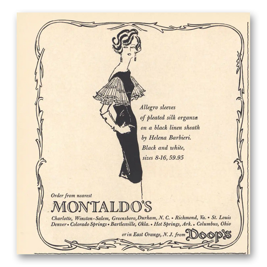 1959 Montaldos Fashion Allegro Sleeves of Pleated Silk Vintage Magazine Print Ad