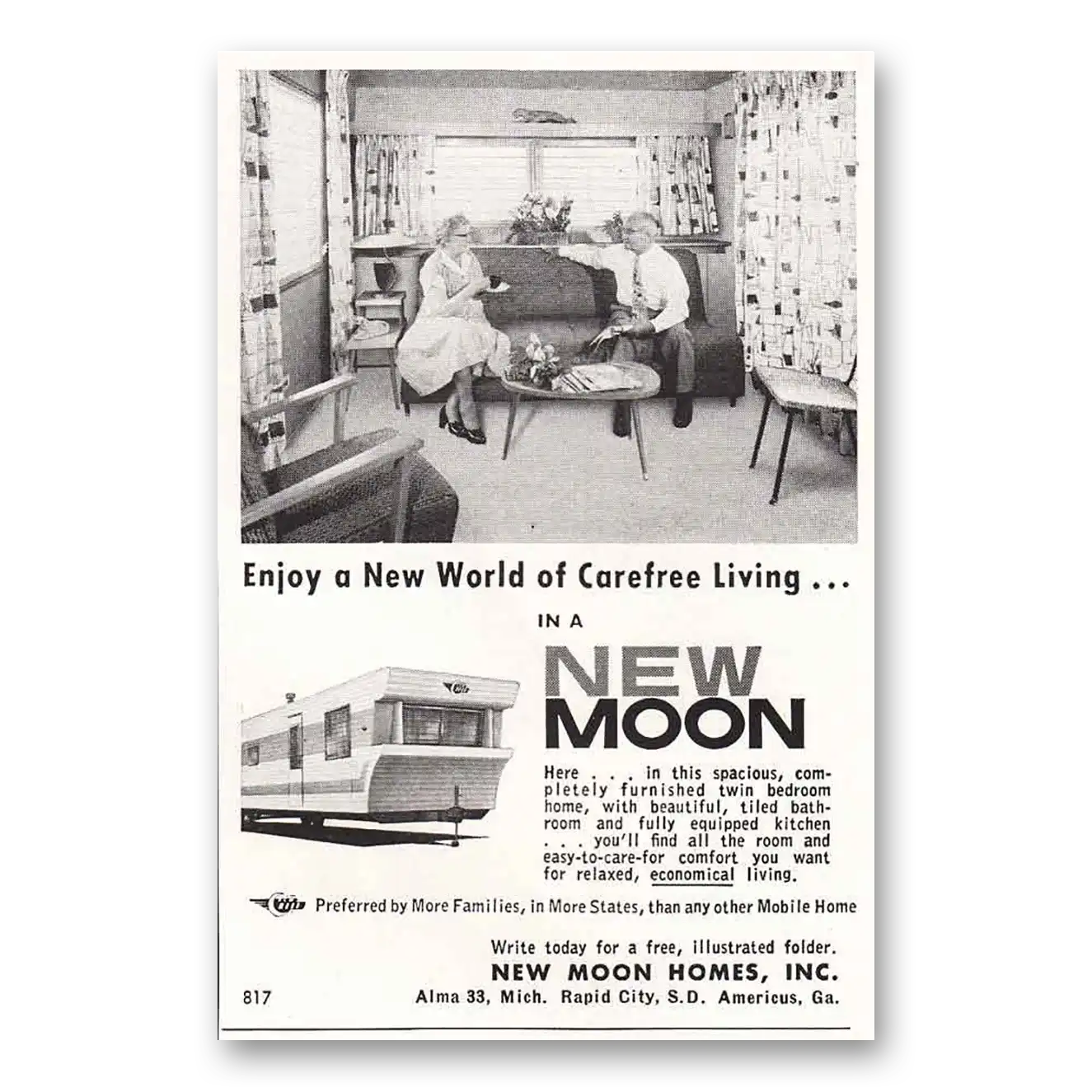 1959 New Moon Homes Enjoy a New World of Carefree Living Couch Vintage Magazine Print Ad