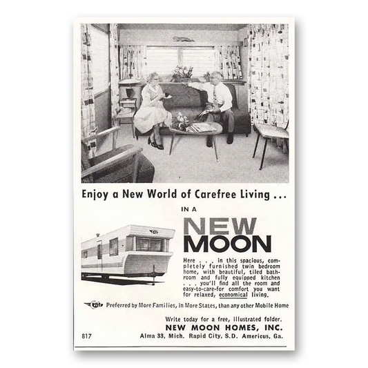 1959 New Moon Homes Enjoy a New World of Carefree Living Couch Vintage Magazine Print Ad