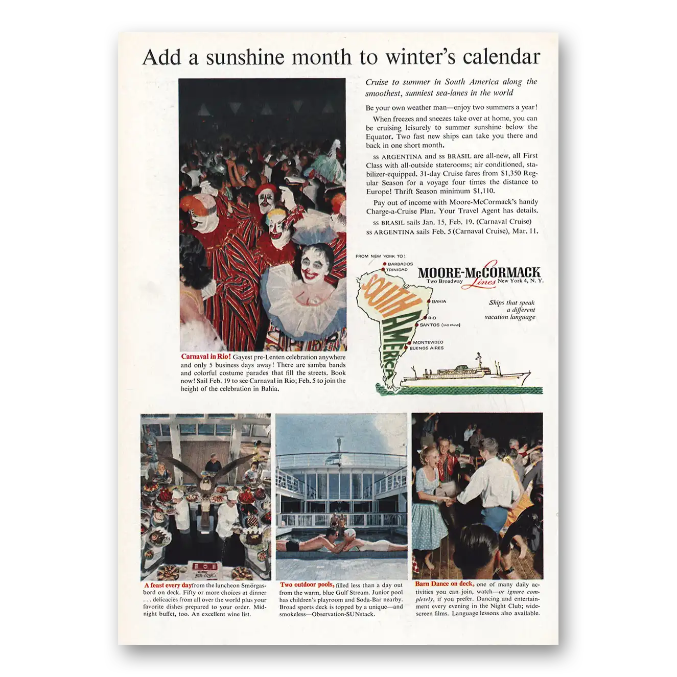 1959 Moore McCormack Lines Add Sunshine Month Winters Calendar Vintage Magazine Print Ad