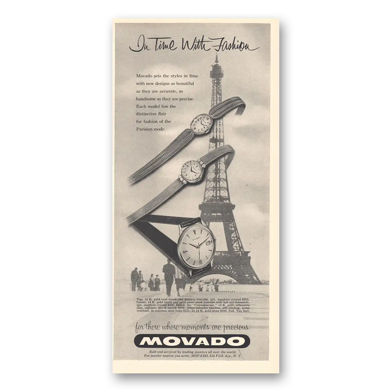 1959 Movado Watch Eiffel Tower In Time With Fashion Vintage Magazine Print Ad