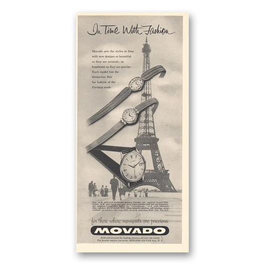 1959 Movado Watch Eiffel Tower In Time With Fashion Vintage Magazine Print Ad