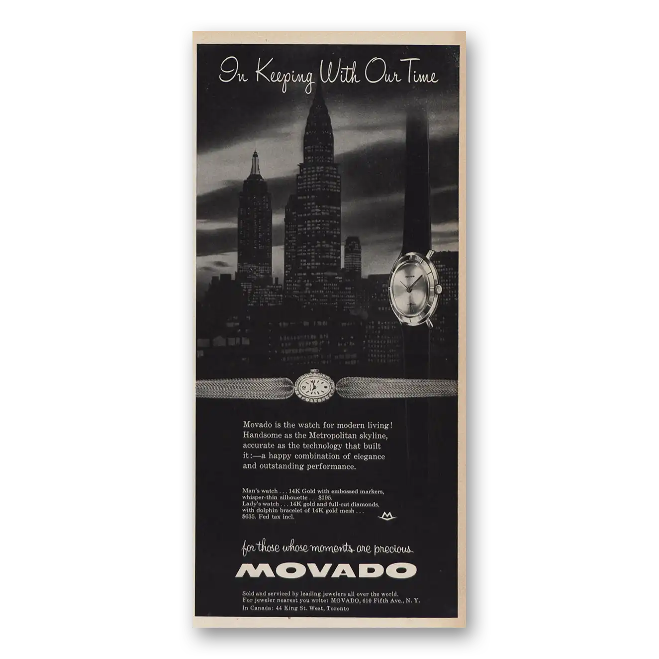 1959 Movado Watch Handsome As Manhattan Skyline Vintage Magazine Print Ad