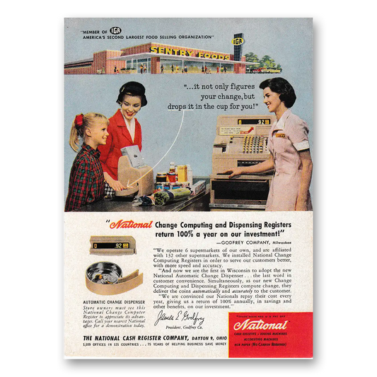 1959 National Cash Register Sentry Foods Vintage Magazine Print Ad