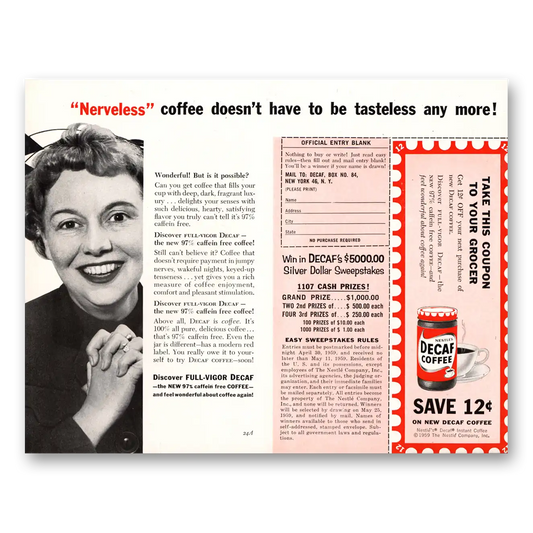 1959 Nestle Decaf Coffee Nerveless Coffee Doesn't Have to Be Tasteless Vintage Magazine Print Ad