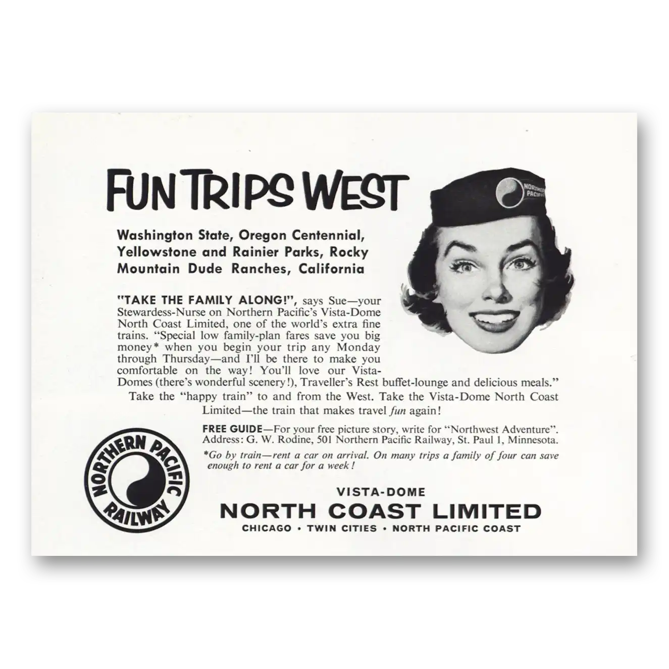 1959 Northern Pacific Railway Fun Trips West Vintage Magazine Print Ad