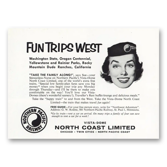 1959 Northern Pacific Railway Fun Trips West Vintage Magazine Print Ad