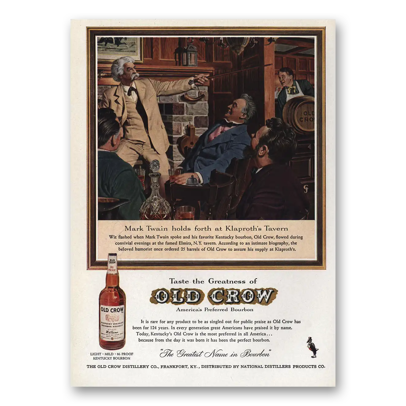 1959 Old Crow Whiskey Mark Twain Holds Forth Klaproths Tavern Vintage Magazine Print Ad