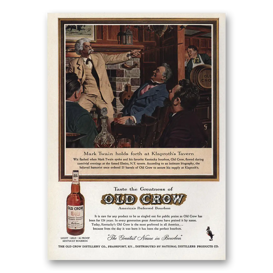 1959 Old Crow Whiskey Mark Twain Holds Forth Klaproths Tavern Vintage Magazine Print Ad