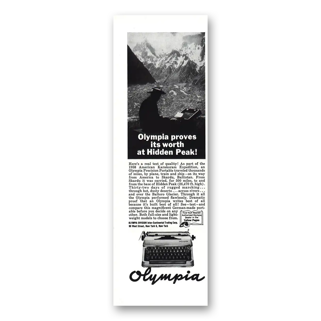 1959 Olympia Typewriter Proves Its Worth at Hidden Peak Vintage Magazine Print Ad