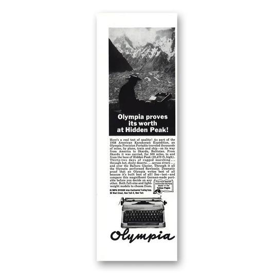 1959 Olympia Typewriter Proves Its Worth at Hidden Peak Vintage Magazine Print Ad