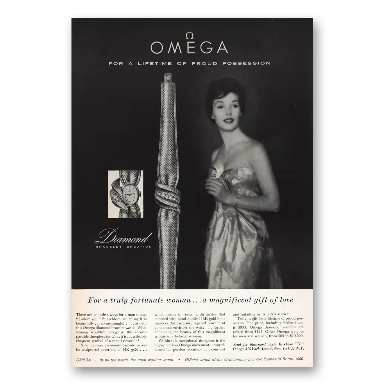 1959 Omega Watch Diamond Bracelet Truly Fortunate Woman Vintage Magazine Print Ad