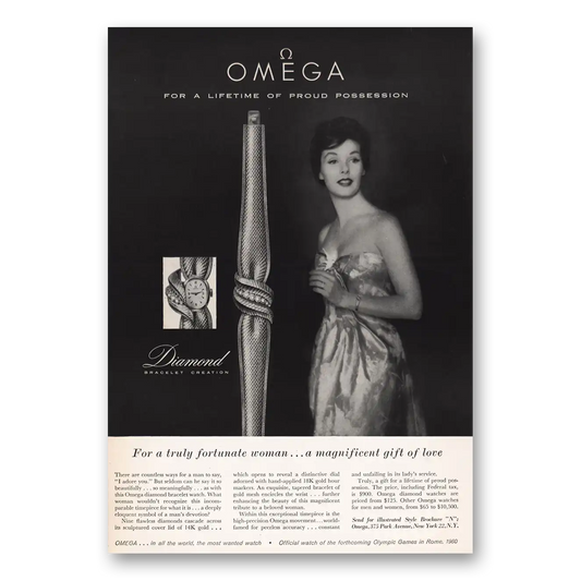 1959 Omega Watch Diamond Bracelet Truly Fortunate Woman Vintage Magazine Print Ad