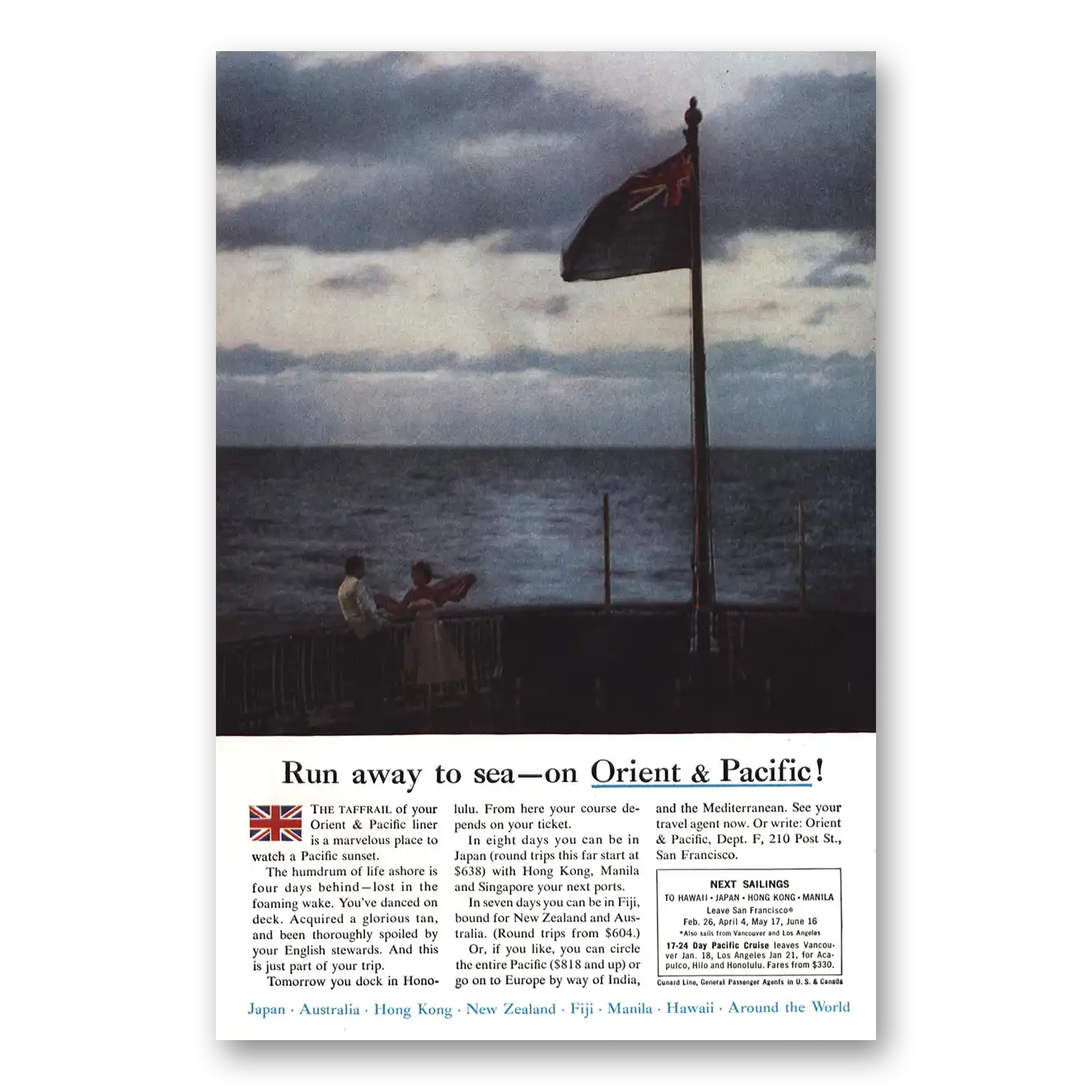 1959 Orient & Pacific Lines Run Away to Sea Taffrail Vintage Magazine Print Ad