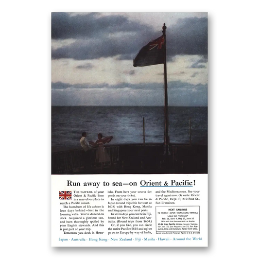 1959 Orient & Pacific Lines Run Away to Sea Taffrail Vintage Magazine Print Ad