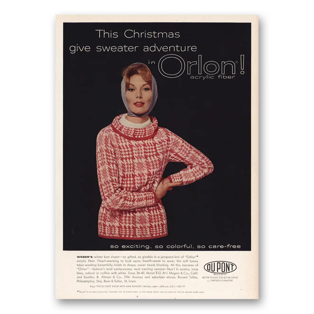 1959 DuPont Orlon Acrylic Fiber Christmas Give Sweater Adventure Vintage Magazine Print Ad