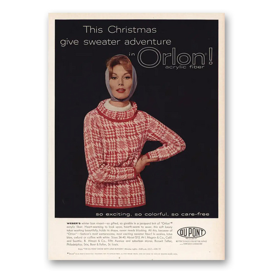 1959 DuPont Orlon Acrylic Fiber Christmas Give Sweater Adventure Vintage Magazine Print Ad