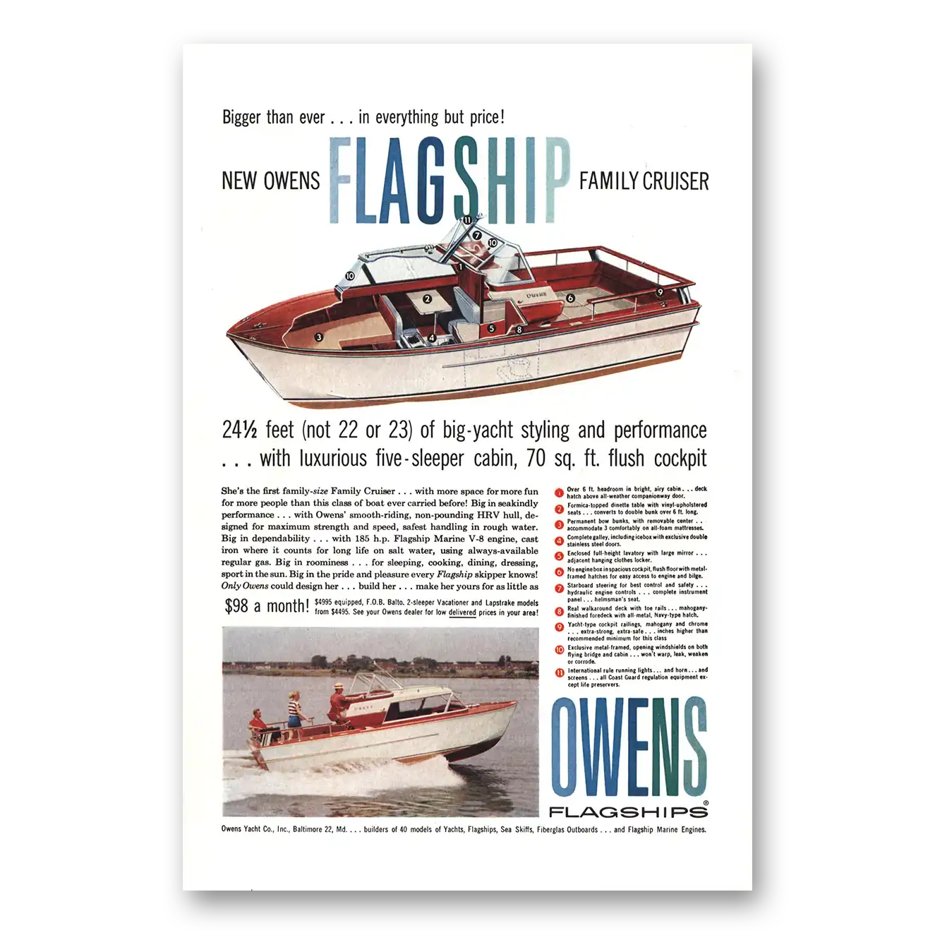 1959 Owens Yacht Company Flagship Family Cruiser Big Yacht Styling Vintage Magazine Print Ad