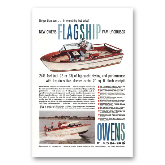 1959 Owens Yacht Company Flagship Family Cruiser Big Yacht Styling Vintage Magazine Print Ad