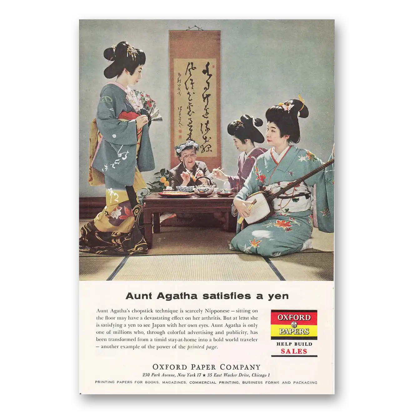 1959 Oxford Paper Company Aunt Agatha Satisfies a Yen Vintage Magazine Print Ad