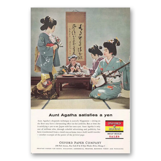 1959 Oxford Paper Company Aunt Agatha Satisfies a Yen Vintage Magazine Print Ad