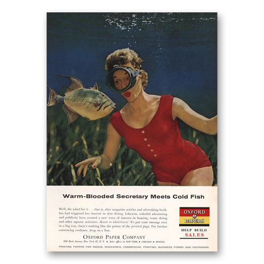 1959 Oxford Paper Company Warm Blooded Secretary Meets Cold Fish Vintage Magazine Print Ad