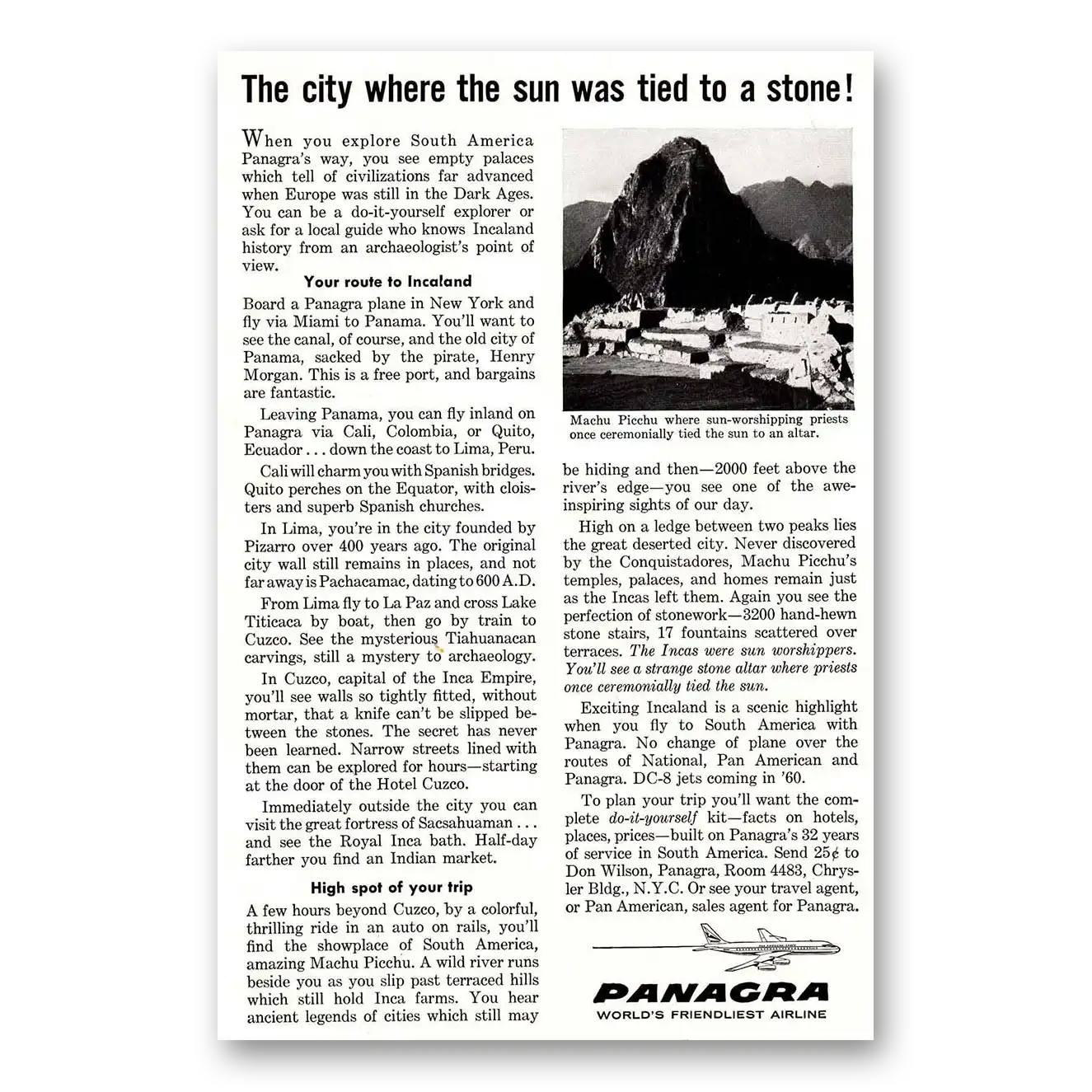 1959 Panagra Airlines Machu Picchu Vintage Magazine Print Ad