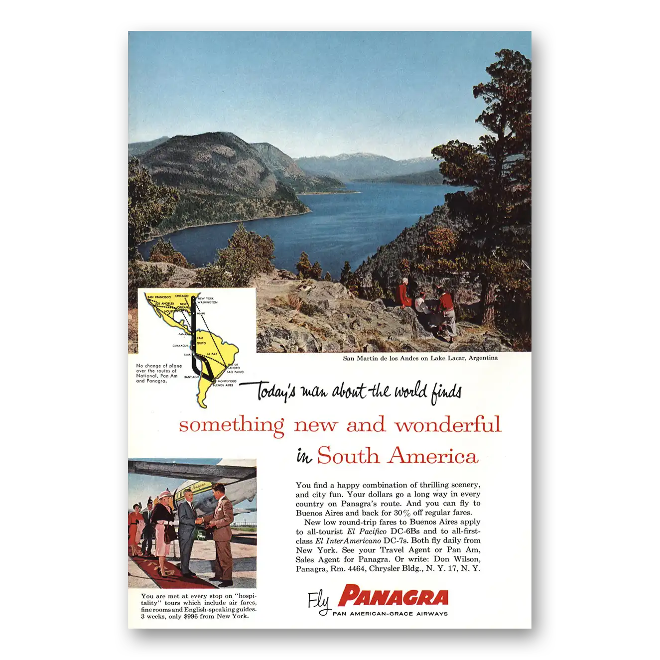 1959 Panagra Airlines San Martin de los Andes on Lake Lacar Argentina Vintage Magazine Print Ad