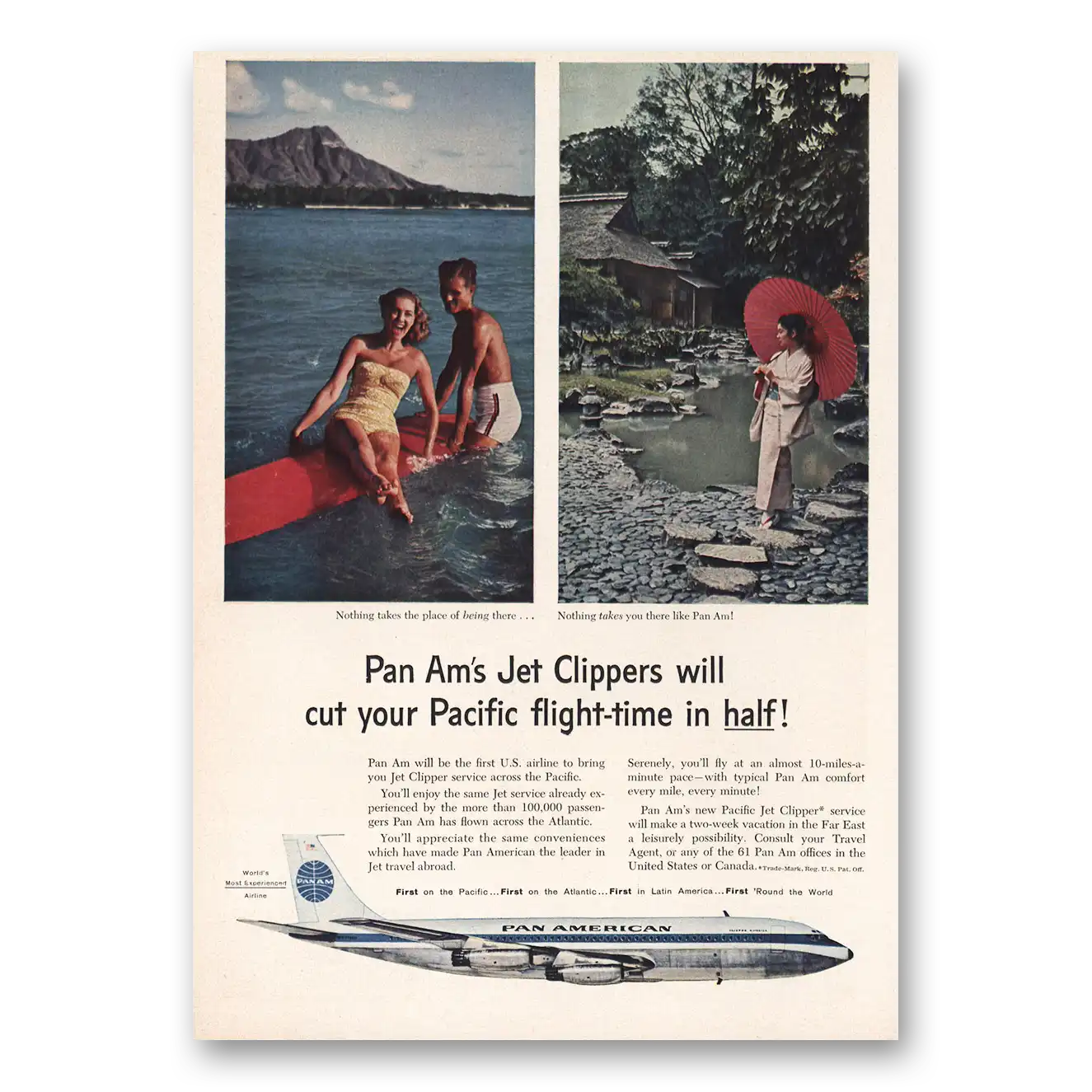 1959 Pan Am Jet Clippers Cut Pacific Flight Time In Half Vintage Magazine Print Ad