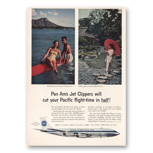 1959 Pan Am Jet Clippers Cut Pacific Flight Time In Half Vintage Magazine Print Ad