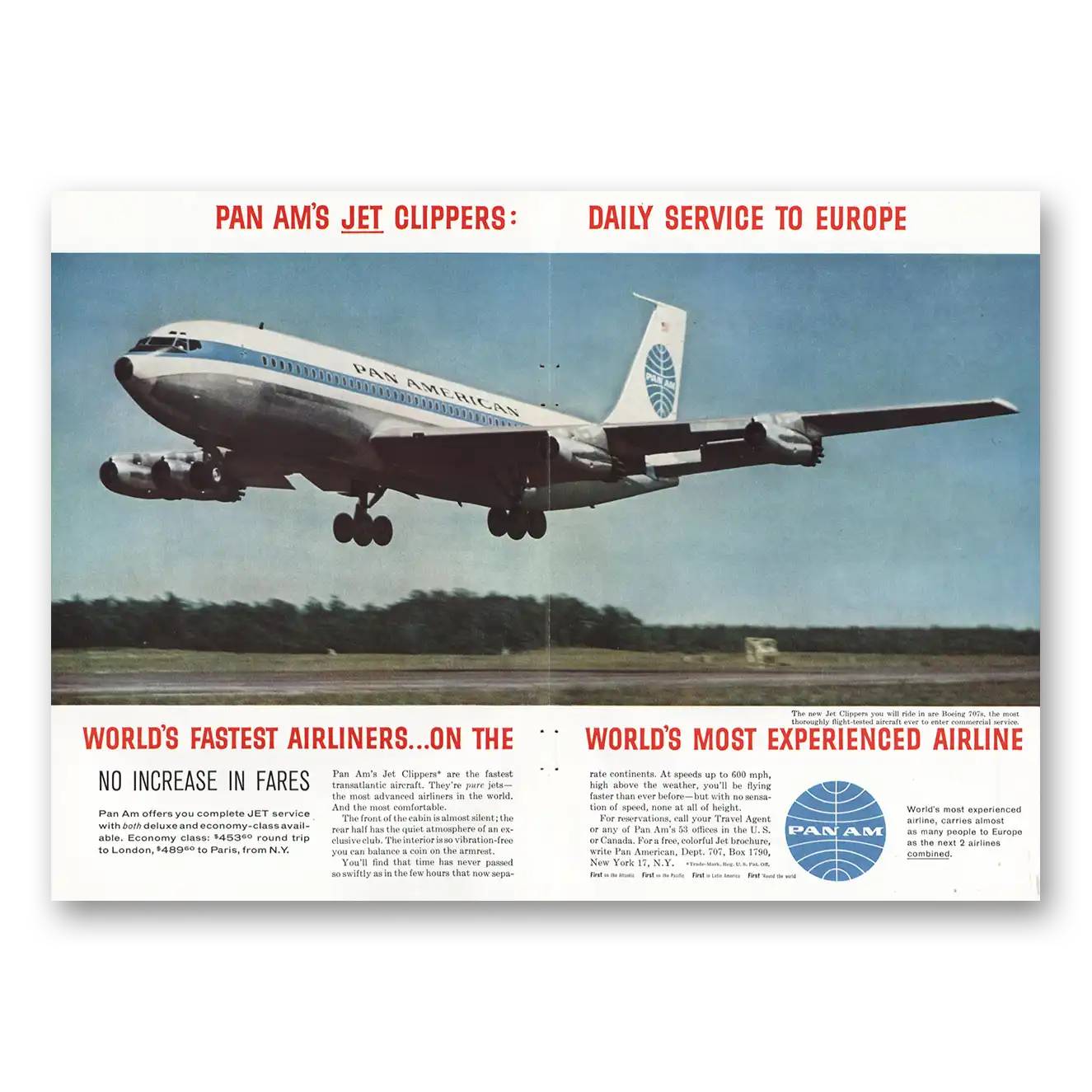 1959 Pan Am Jet Clippers Daily Service to Europe Vintage Magazine Print Ad