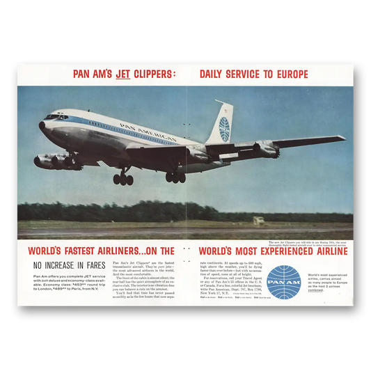 1959 Pan Am Jet Clippers Daily Service to Europe Vintage Magazine Print Ad