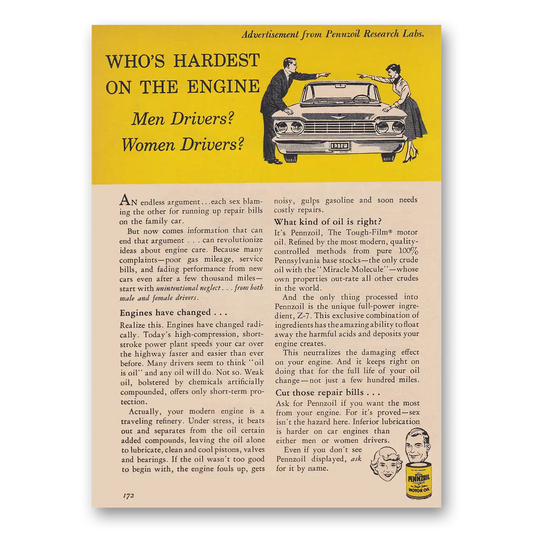 1959 Pennzoil Whos Hardest On the Engine Men Drivers Vintage Magazine Print Ad