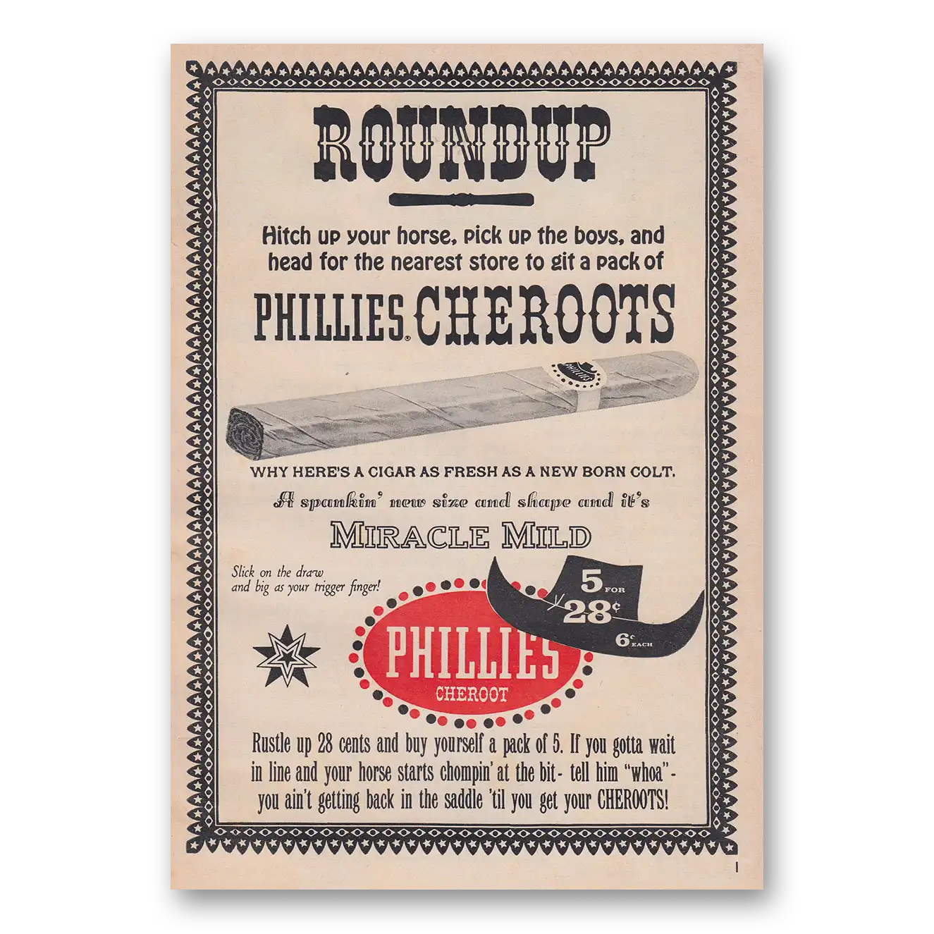 1959 Phillies Cheroots Roundup Hitch Up Your Horse Vintage Magazine Print Ad