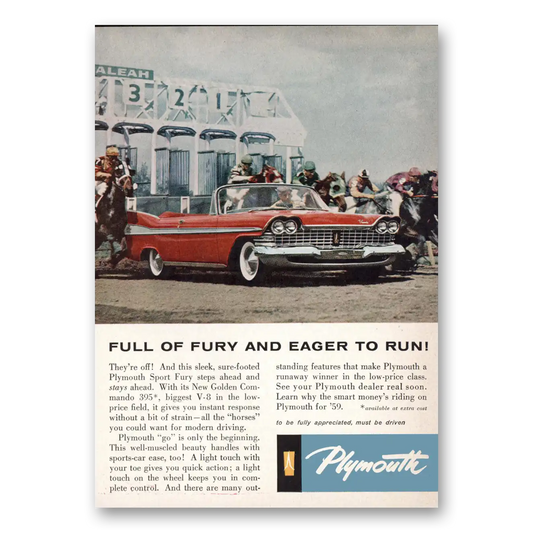 1959 Plymouth Fury Full of Fury and Eager to Run Vintage Magazine Print Ad