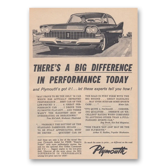 1959 Plymouth Theres a Big Difference in Performance Today Vintage Magazine Print Ad