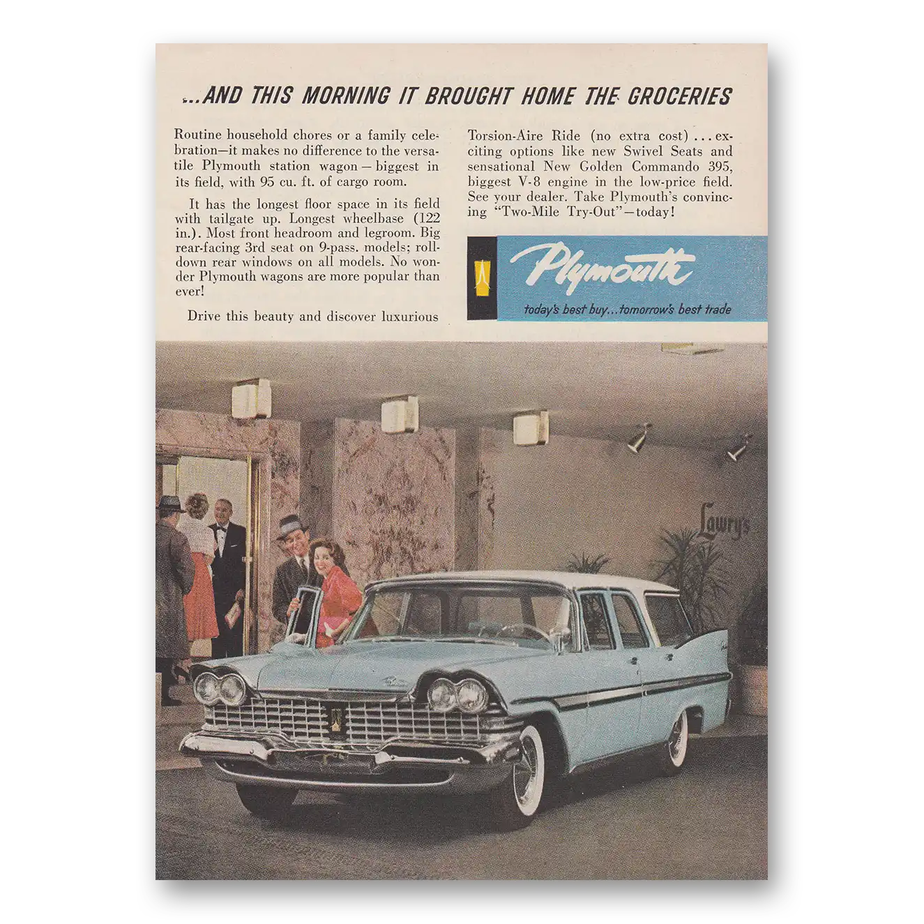 1959 Plymouth Station Wagon And This Morning It Brought Home the Groceries Vintage Magazine Print Ad