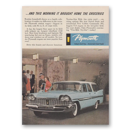 1959 Plymouth Station Wagon And This Morning It Brought Home the Groceries Vintage Magazine Print Ad