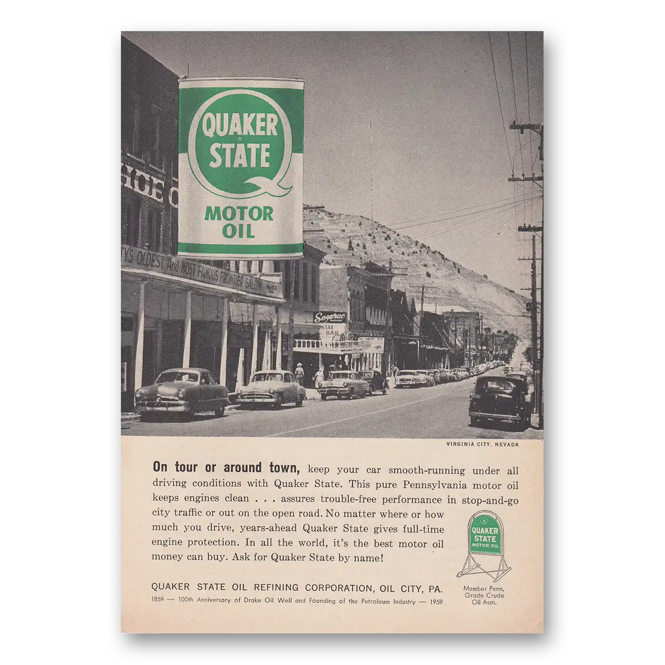 1959 Quaker State Motor Oil On Tour or Around Town Virginia City Vintage Magazine Print Ad