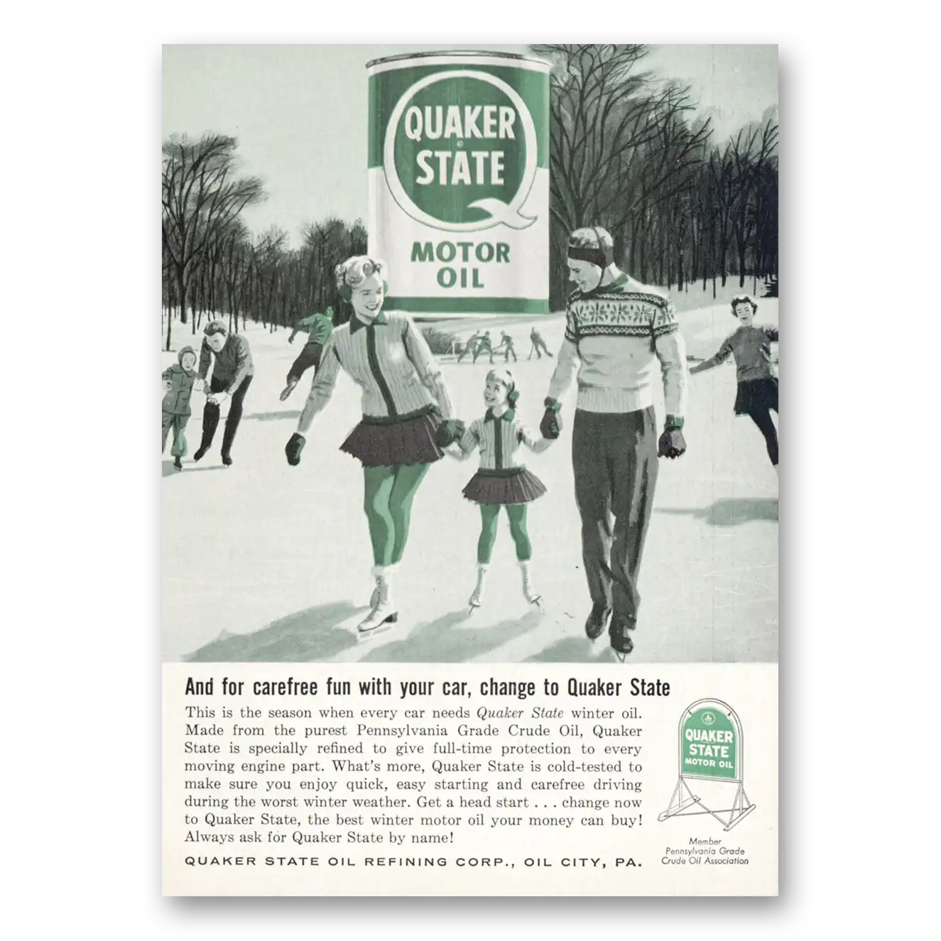 1959 Quaker State Motor Oil Carefree Fun Ice Skaters Vintage Magazine Print Ad