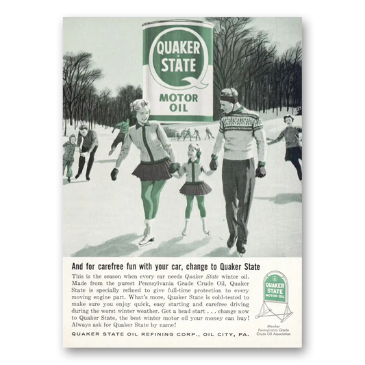 1959 Quaker State Motor Oil Carefree Fun Ice Skaters Vintage Magazine Print Ad