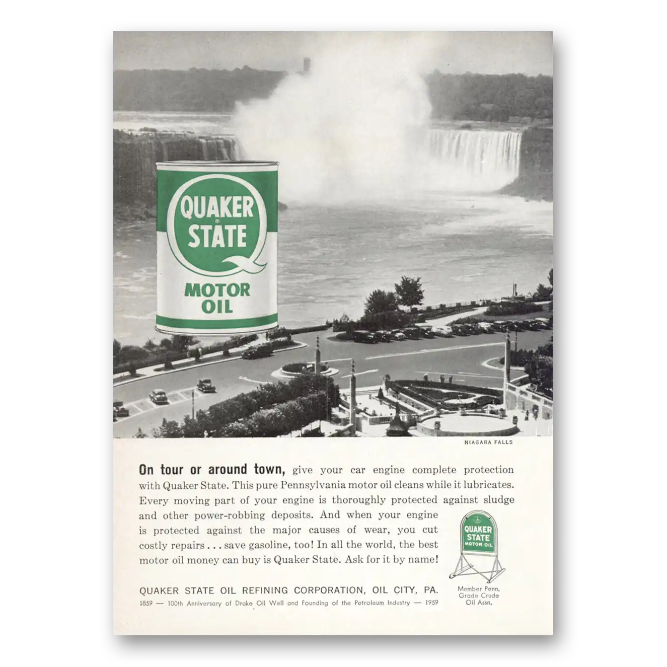 1959 Quaker State Motor Oil Niagara Falls Vintage Magazine Print Ad