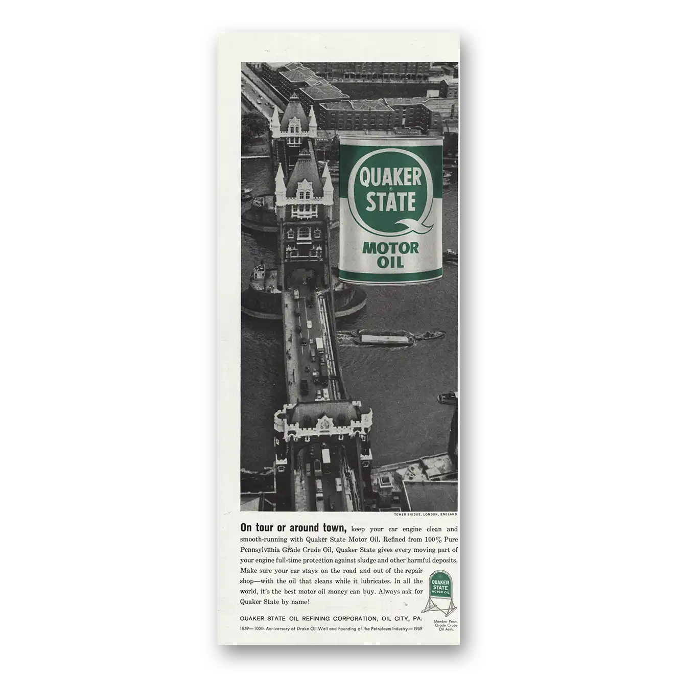 1959 Quaker State Motor Oil Tower Bridge London Vintage Magazine Print Ad