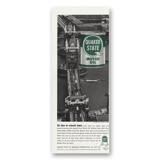 1959 Quaker State Motor Oil Tower Bridge London Vintage Magazine Print Ad