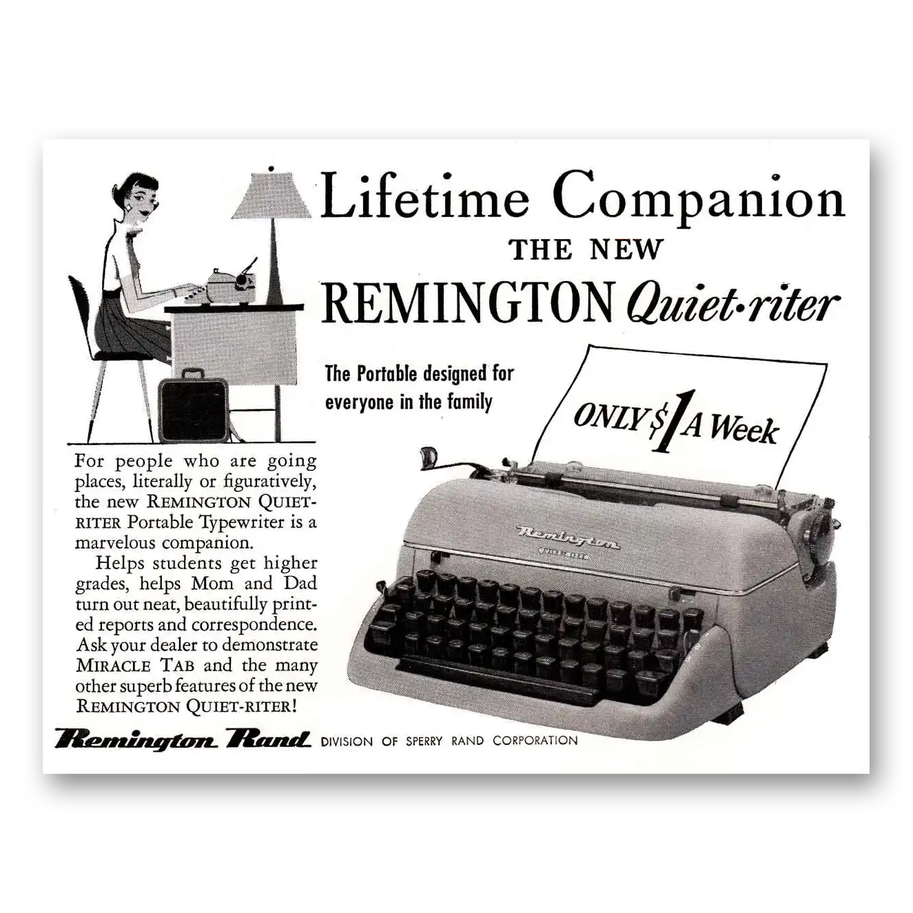 1959 Remington Typewriter Lifetime Companion Vintage Magazine Print Ad